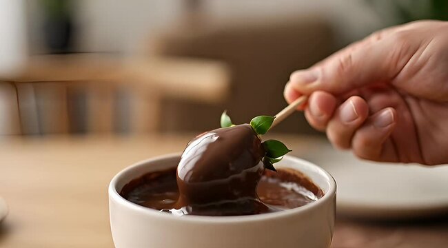 Delicious dark chocolate covered strawberry being dipped into a creamy chocolate sauce