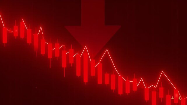 A dramatic 4K animation of a declining financial candlestick chart glowing red against a dark background, featuring a large downward arrow symbolizing a market crash.