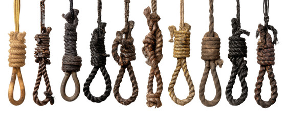 Horror noose collection set with old weathered ropes transparent background