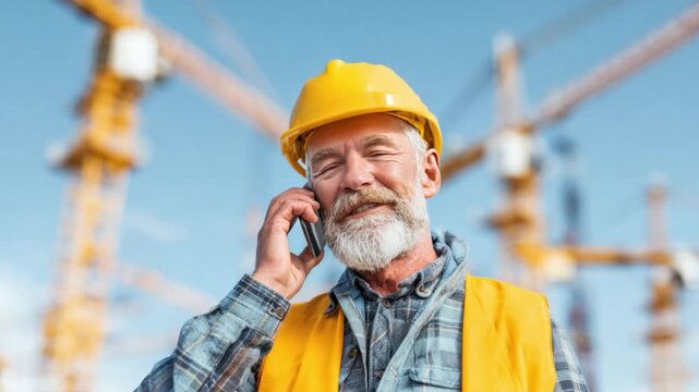 Construction Worker Communication: A construction worker in a yellow hard hat and safety vest, engages in a phone conversation against a backdrop of towering construction cranes.
