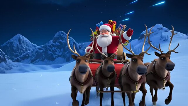 Santa Claus cheerily guides his reindeer-led sleigh across a snowy mountain landscape under a magical night sky filled with colorful falling stars and holiday wonder.