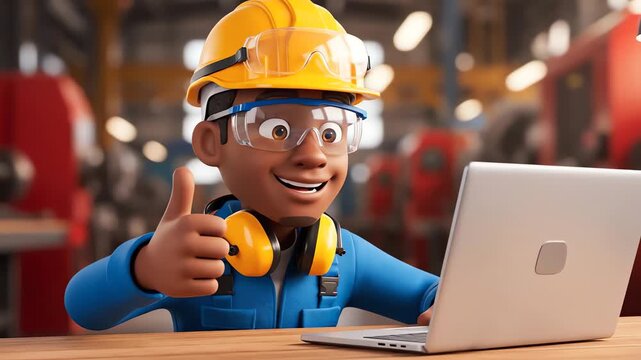 An enthusiastic young engineer in safety gear works on a laptop in a factory, giving a cheerful thumbs up to signal success and professional confidence.