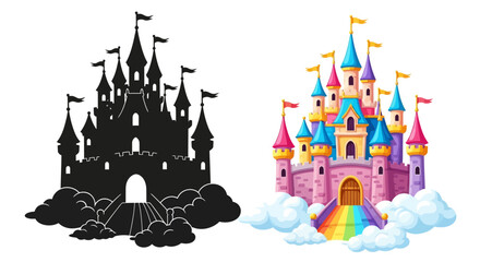 Colorful fairytale castle illustration shown alongside its black silhouette © MdSamsuzzaman
