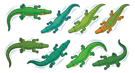 Cartoon illustration of several colorful alligators swimming in water