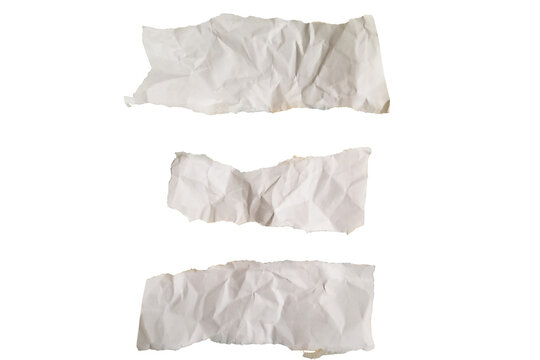 Set of three crumpled off-white paper pieces with rough torn edges on a transparent background