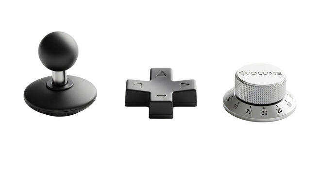 Three gaming controller joysticks and dials on a white background isolated on transparent background