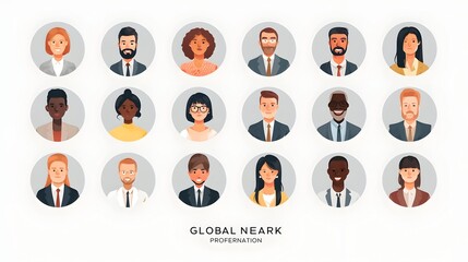 Fototapeta premium Global Professional Network: A collection of 20 circular avatars of business people in professional attire, arranged in a clean grid, symbolizing a global workforce or a 