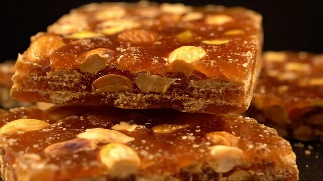 Macro close-up of stacked indian chikki sweet bars made with caramelized sugar, almonds, and pistachios on a dark background