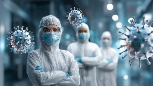 Medical professionals in protective gear stand confidently against a backdrop of viruses, symbolizing resilience in the fight against infectious diseases and the importance of heal