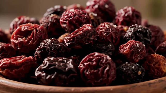 Macro close-up shot of dark red dried cherries or prunes piled high on a rustic wooden plate. heap of dehydrated organic sweet fruit, healthy snack background.