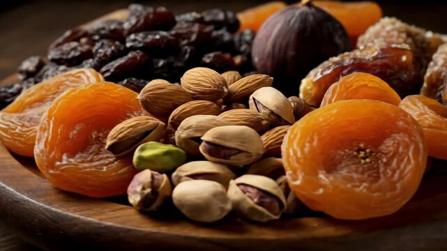 Assortment of healthy dried fruits including apricots, raisins, figs, and almonds, presented on a wooden plate, emphasizing healthy eating and nutrient-rich snacks.