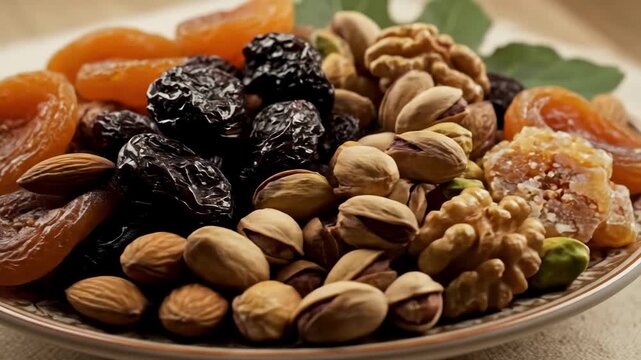 Assorted dried fruits and nuts mix close-up. healthy snack consisting of bright orange dried apricots, dark prunes, almonds, pistachios, and walnuts arranged on a patterned plate.