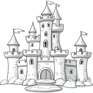 Whimsical black and white cartoon castle illustration for children s books and comics design.