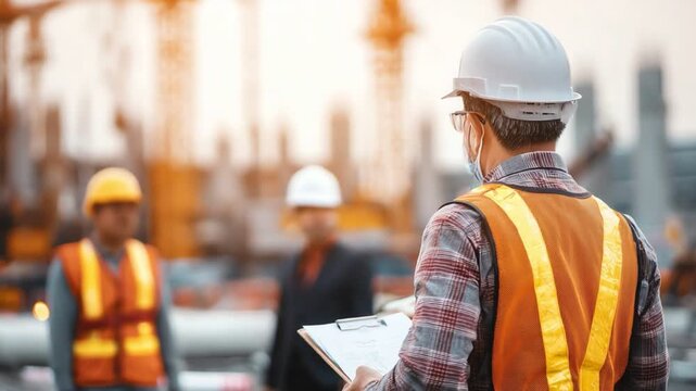 A construction manager observes workers on a site, ensuring safety and compliance