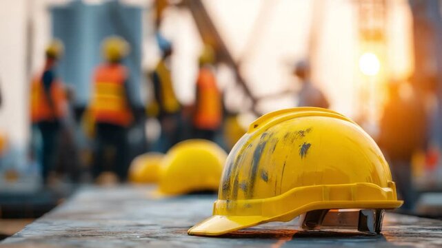 A close-up of a yellow hard hat on a construction site, with workers in safety gear in the background. The image highlights safety equipment essential for protecting workers.