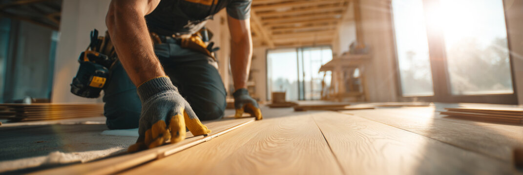 Professional Carpenter Installing Wooden Parquet Flooring in a Modern Apartment. Low Angle View Emphasizing Craftsmanship, Precision, Natural Materials, Professional Floor Installation. Generative Ai.