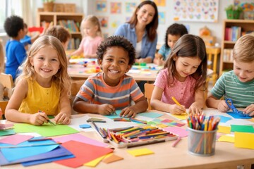 Happy children doing creative craft activity in classroom with teacher learning and fun