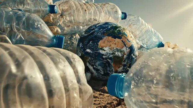 Earth miniature among pile of discarded plastic bottles on cracked earth