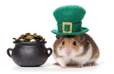 Hamster wearing green hat beside coin pot. Lucky money and St Patrick day