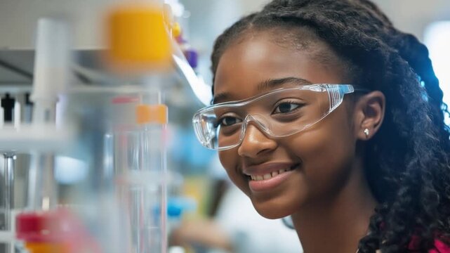 Scientific Inquiry: A young student gazes with curiosity and excitement at lab equipment, a testament to the pursuit of knowledge and scientific discovery.