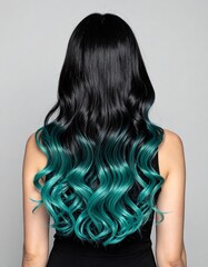 Fototapeta premium Back view of a person with black hair transitioning into turquoise waves