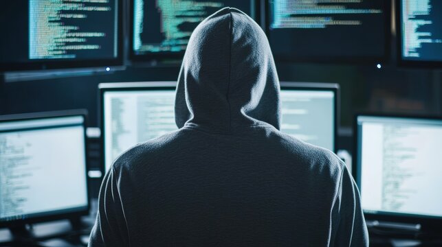A hackers hooded silhouette reflected on multiple floating monitors, lines of code streaming rapidly, dark ambiance.
