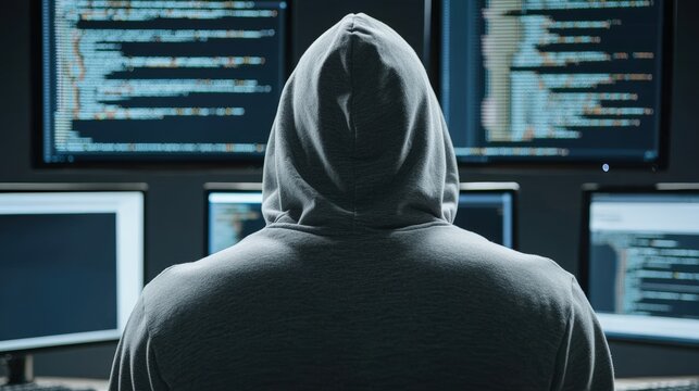 A hackers hooded silhouette reflected on multiple floating monitors, lines of code streaming rapidly, dark ambiance.