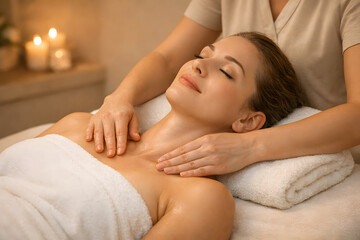 Fototapeta premium Woman receiving gentle neck and shoulder lymphatic drainage massage in a candlelit spa treatment room for relaxation, recovery, and swelling reduction