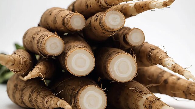 Burdock root bundle on white background for healthy cooking and japanese cuisine gobo fresh root vegetable heap close up studio shot macro view