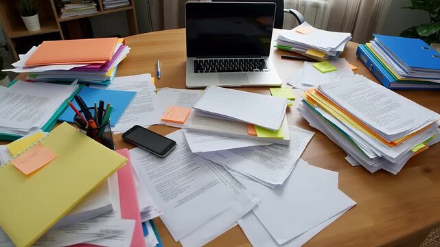 Messy desk with piles of documents, laptop, and office supplies