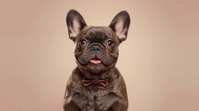 Capturing Frenchie shifting eyes tongue paws for portrait in beige studio with brown bowtie collar