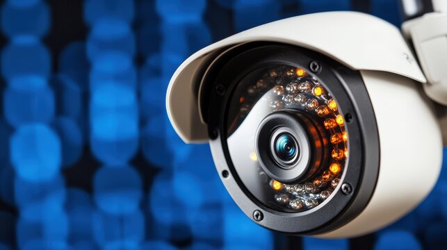 A high-tech security camera being hacked, its feed distorting into static and corrupted images.