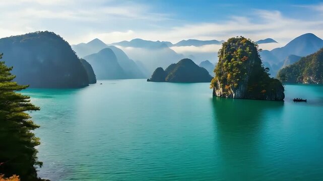 A vibrant wide shot captures majestic limestone karsts rising from tranquil turquoise waters, creating a serene tropical bay landscape.