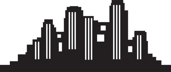 Retro pixelated city skyline silhouette illustration with various tall buildings