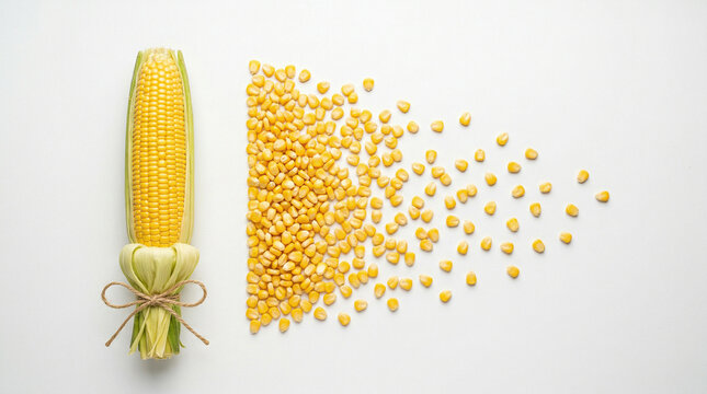 Fresh Sweet Corn Cob Beside Scattered Loose Kernels Deconstructed White Background Studio Photography