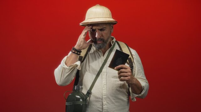 Man holding passport and canteen while touching his temple, wearing pith helmet and backpack in red studio; travel uncertainty.