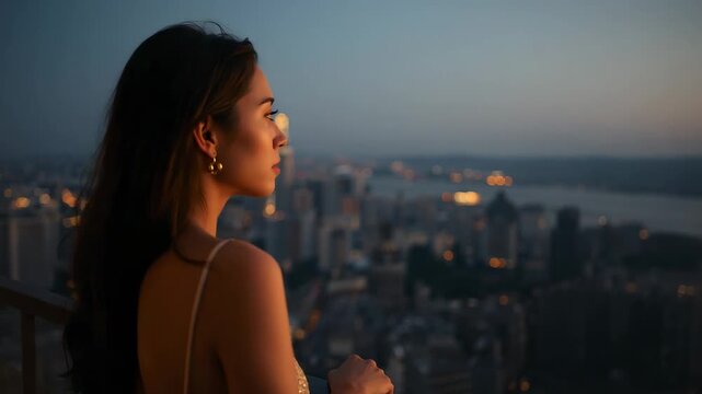 Gazing sequin-dress woman holding railing on balcony as dusk deepens, scanning skyline, copy space