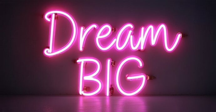Bright pink neon sign displays words Dream BIG. Dark background emphasizes glowing script. Inspiring message, simple design.