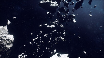 Bright stones drift in universe, Floating luminous rocks mark survey points, Solitary glowing stones traverse silent cosmic expanse marking locations © icetray