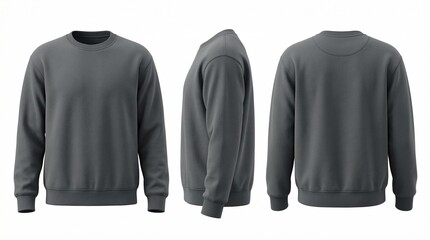 Blank gray sweatshirt mockup in front, side, and back views isolated on white.