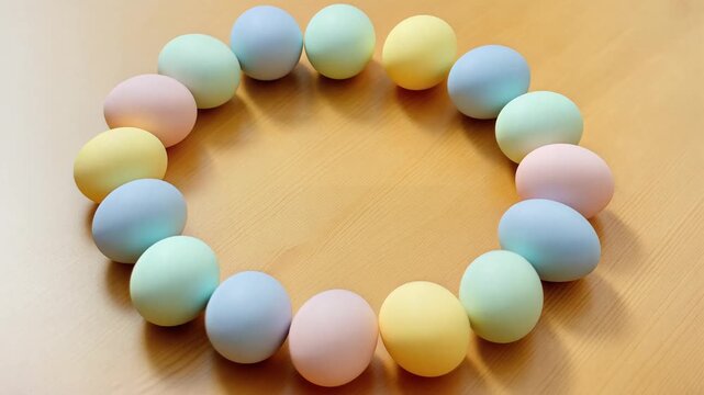 Pastel colored Easter eggs arranged in a circular pattern on a beige background.