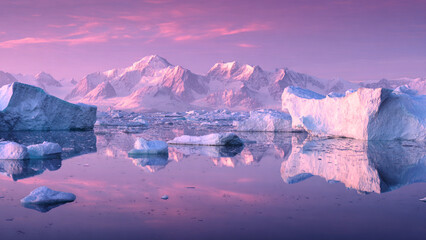 Obraz premium Majestic Icebergs in Calm Polar Bay with Mountain Reflection at Sunrise
