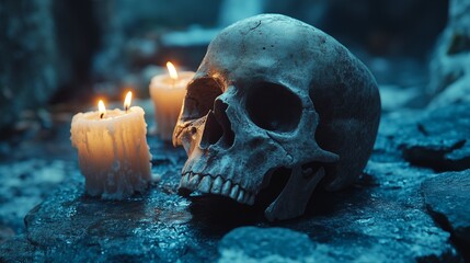 Fototapeta premium Human skull and burning candles on dark rocks exploring mortality and mystery
