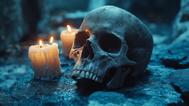Human skull and burning candles on dark rocks exploring mortality and mystery