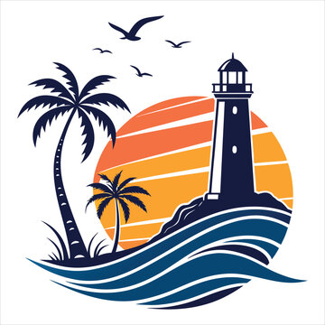 WebFlat Design Ocean Sunset with Lighthouse and Palm Trees Badge