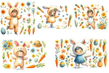 Obraz premium Cute Kids in Bunny Costumes with Carrots Flowers Easter Eggs and Spring Elements Illustration Collection