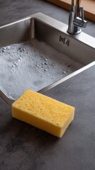 Overhead Shot of Soap Bubbles Covering Stainless Steel Sink with Yellow Sponge