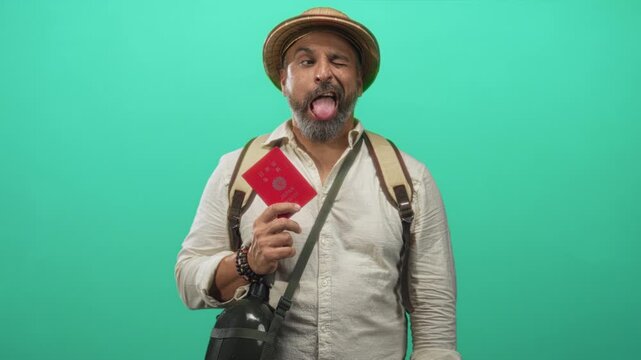Middle aged man with gray beard holding a red passport and sticking out his tongue in a bright teal green studio; travel adventure playful.