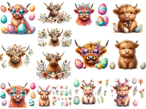 Cute Highland Cow Easter Clipart with Floral Crown Eggs Chicks Kawaii Illustration Collection