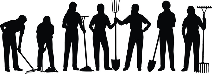 Group of farmers and gardeners silhouettes holding rake shovel and pitchfork, agricultural workers teamwork, farming tools collection, rural labor concept isolated on white © Asia
